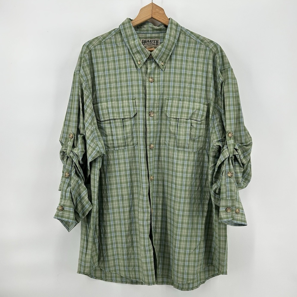 Duluth Trading Shirt Mens XL Green Blue Plaid Roll Tab Outdoor Hiking Camp